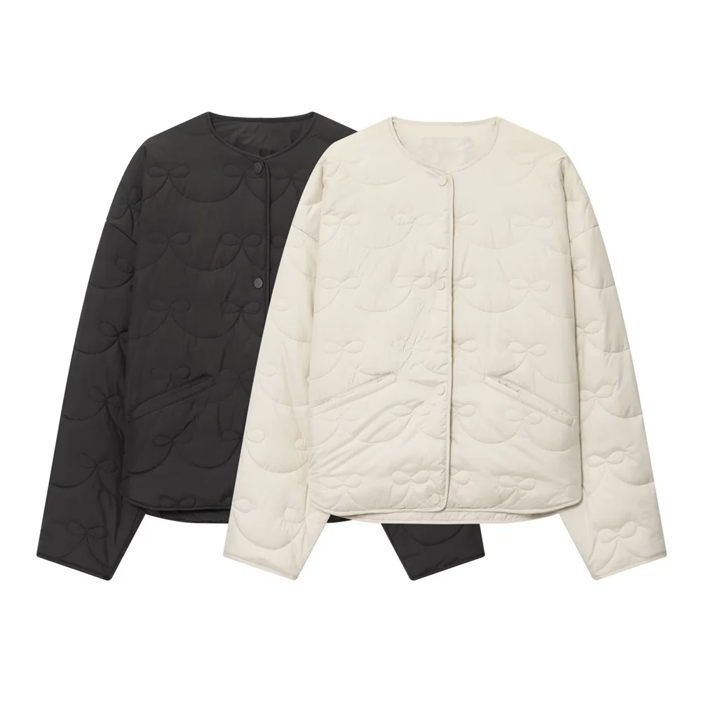 

New autumn and winter women's fashion loose casual round neck long sleeved butterfly knot quilted jacket