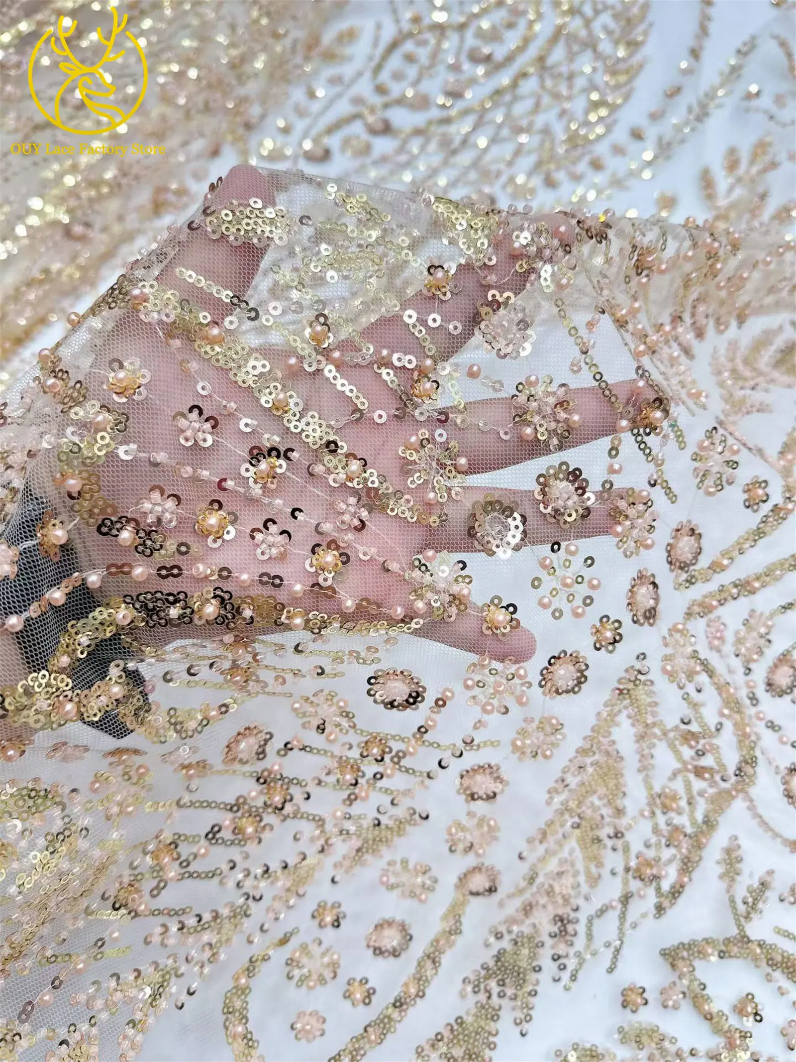 Afrikanischer Spitzenstoff, 5 Yards, hochwertiger nigerianischer Spitzenstoff mit Perlen und Pailletten, französische Tüllspitze zum Nähen von Hochzeits- und Partykleidern – Detail 14