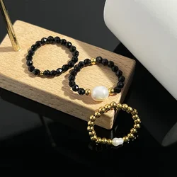 3mm Facted Obsidian Ring Set with Stainless Steel Jewelry Fashion Handmade Women Statement Rings Wedding Party Gifts Wholesale