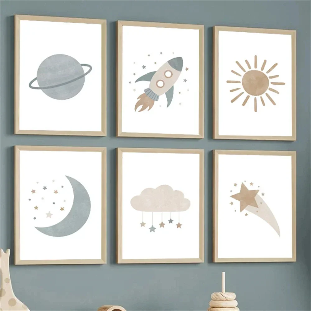 

Cartoon Outer Space Rocket Moon Star Cloud Sun Canvas Painting Nursery Posters And Prints Nordic Wall Art Picture Boy Room Decor