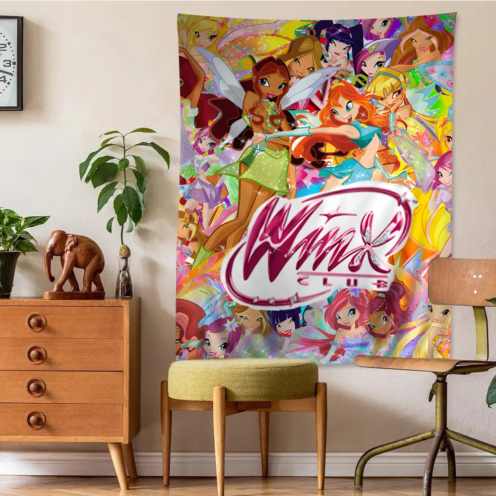 Girl-W-Winx Catoon Clubs Anime Tapestry Hippie Flower Wall Carpets Dorm Decor Wall Hanging Home Decor