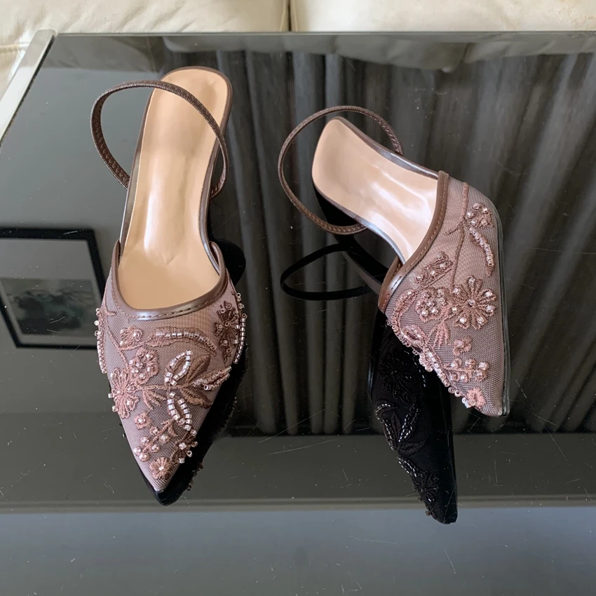 Summer Pointed Toe Mesh Embroider High Heels for ladies Elegant String Bead pumps Sexy Luxury Designer Shoe Brown Heeled Sandals view 4