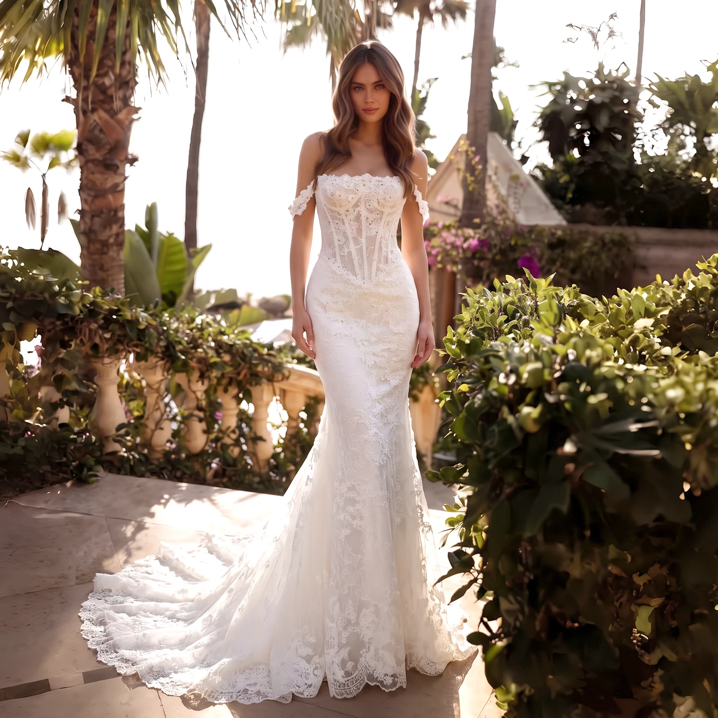 Sheer Fairy Wedding Dresses Elegant Off Shoulder Tulle Sheer Floral Appliques Backless Corset Dubai Bridal Gown SW758 Customized