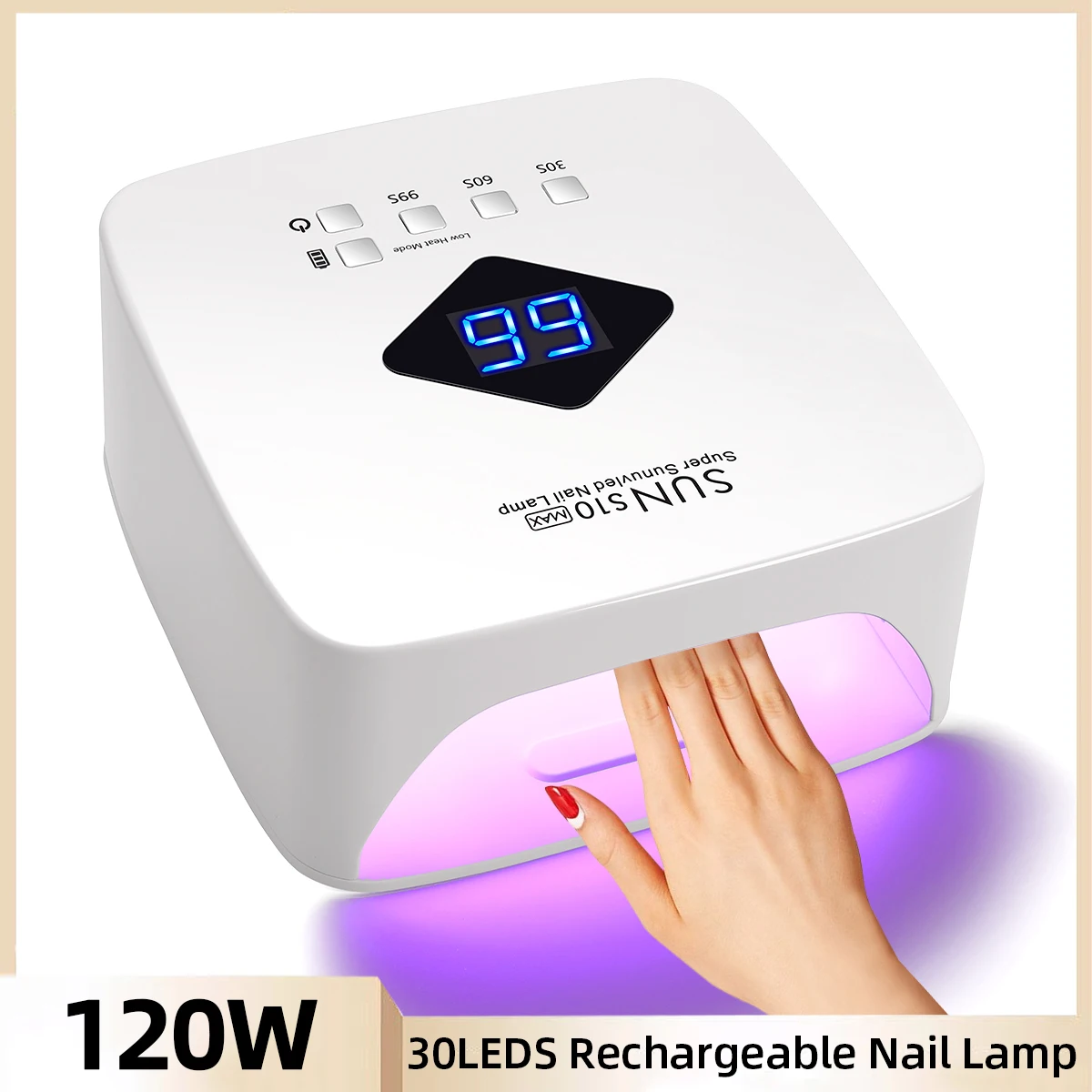 

120W UV LED Nail Lamp 30LEDS Gel Nail Light For Curing Gel Nail Polish UV Dryer With 3 Timers Setting Rechargeable Salon Tools