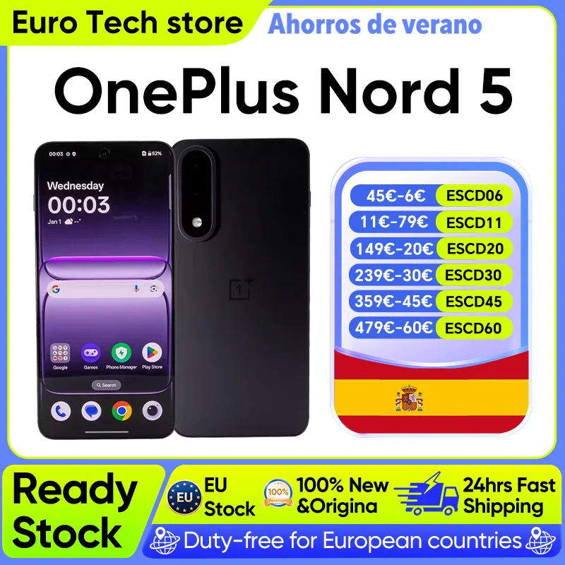Nuevo Smartphone OnePlus Nord 5 5G Snapdragon ™ 8s Gen 3 Pantalla AMOLED de 6,83” 144 Hz 5200mAh 80W SUPERVOOC 50MP Cámaras duales