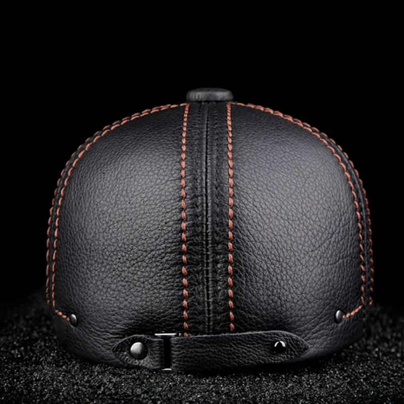 New Cowhide Genuine Leather Men Berets Cap Hat High Quality Fashion Men\'s Real Leather Adult Striped Black Hats