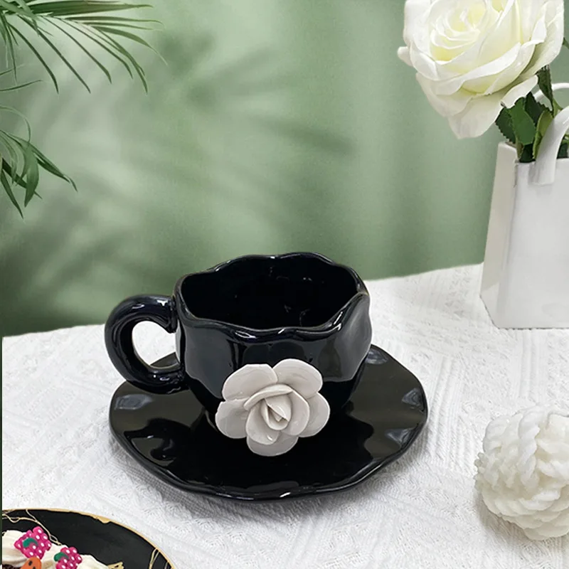 Small fragrance French hand embossed camellia coffee cup ceramic mug Niche breakfast milk cup butterfly set