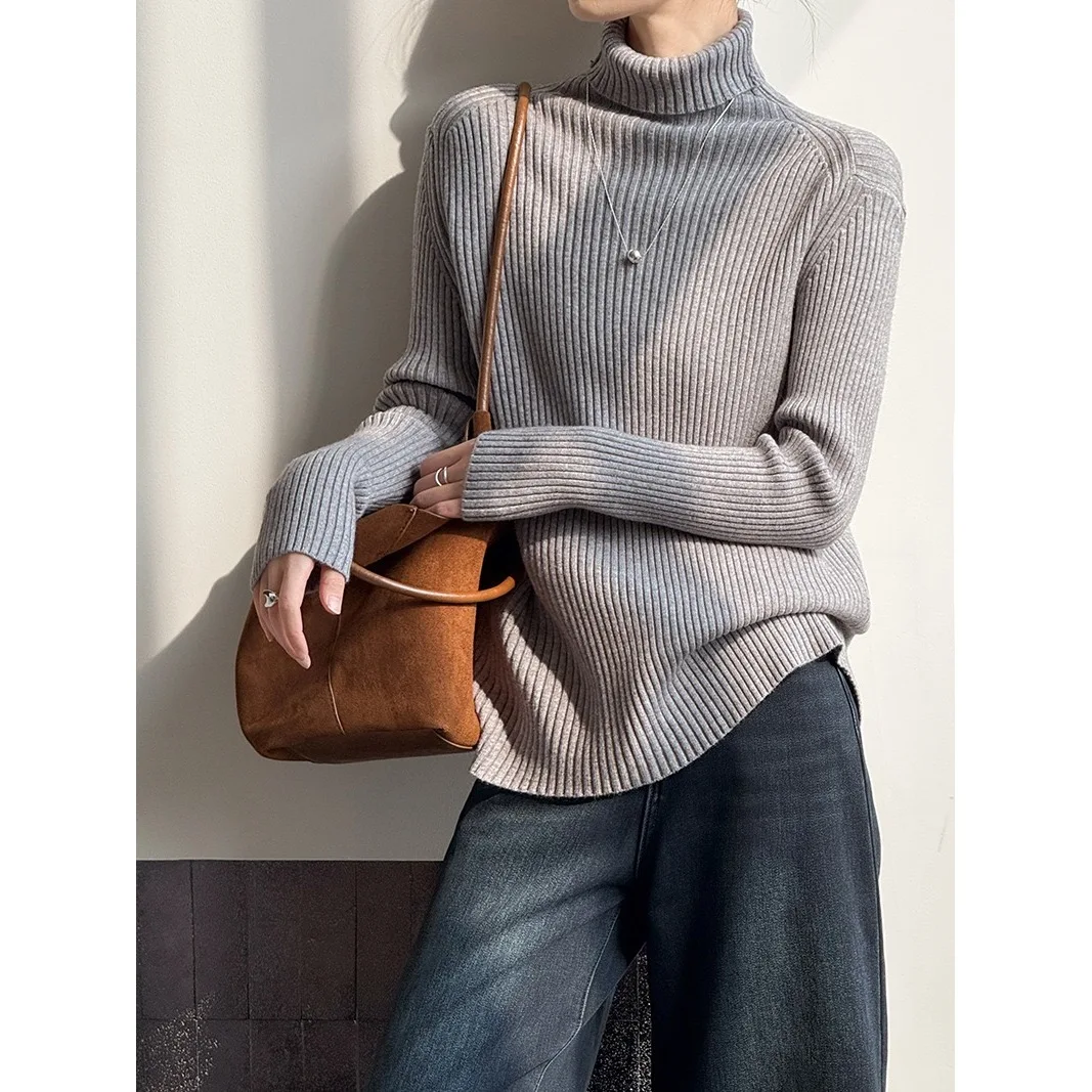 

Ультратонкий женский вязаный свитер с высоким воротником и двойным отложным воротником, свободного кроя, цветной, удобный, дышащий, модный