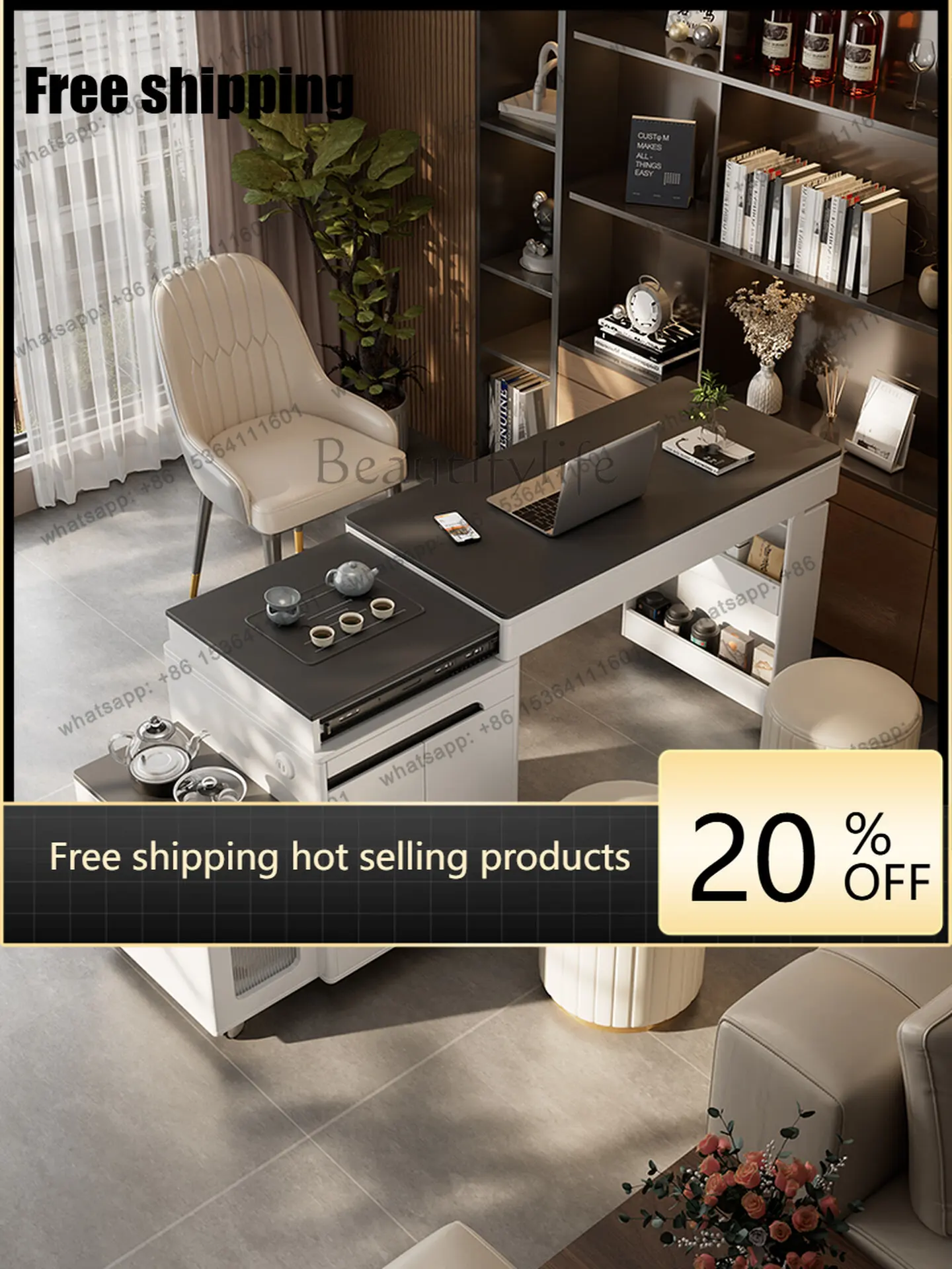 

Sintered Stone Lift Side Table Rolling Casters Storage Living Room Bedroom Multi Use Furniture