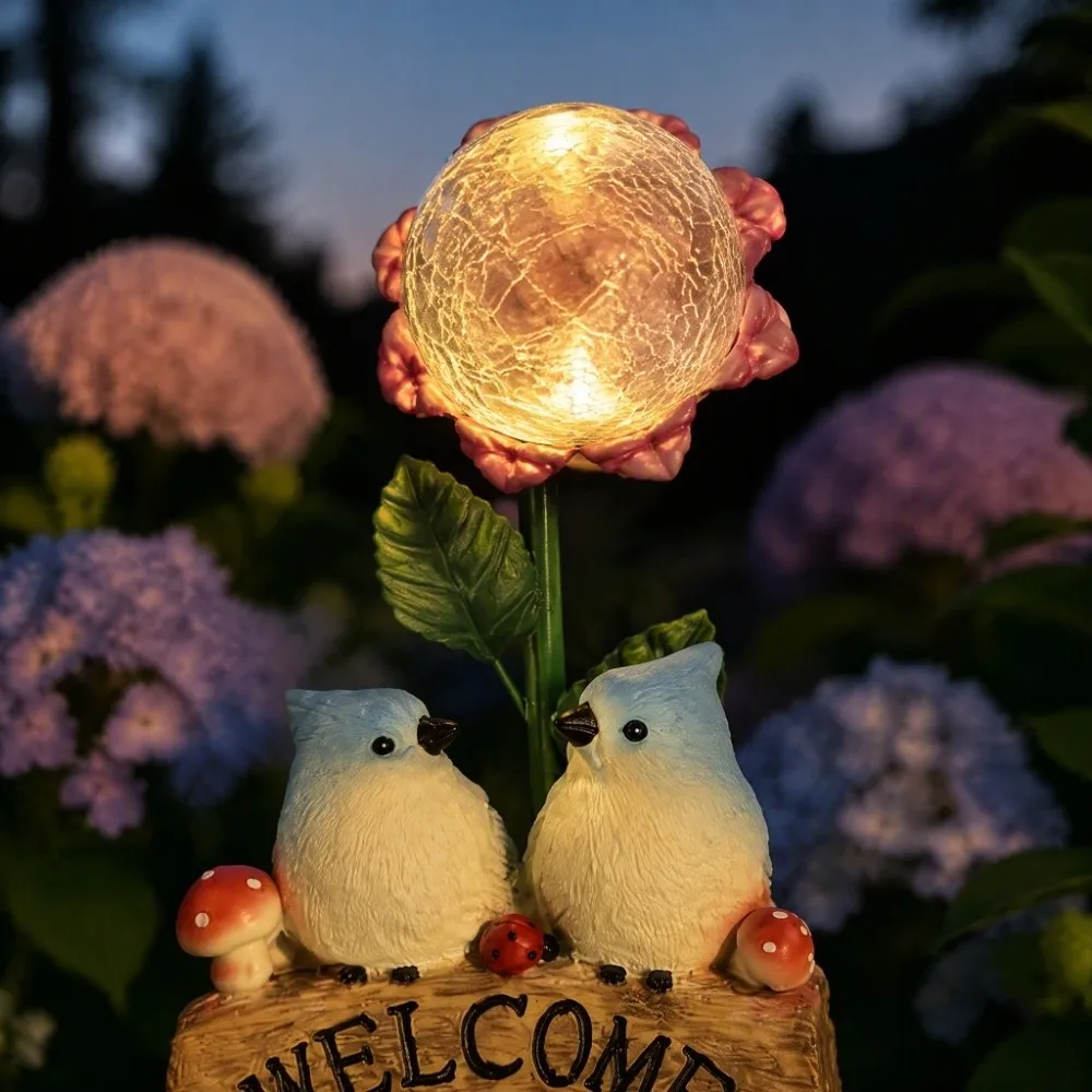 Solar Powered Garden Welcome Sign Warm Light Creative Design Solar Resin Craft Durable Resin No Wiring Needed Bird Figurine