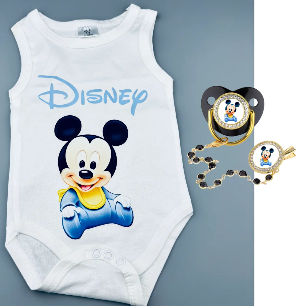 

Baby Romper and Pacifier Clip Set – Sleeveless Cotton Bodysuit with Rhinestone Accessory for Infants 0-6 Mon