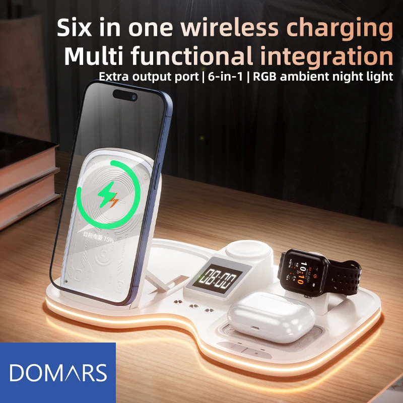 Domars 6 in 1 Desktop Wireless Charger Multifunctional with Digital Clock RGB Ambient Lighting for Iphone 16 15 14 Iwatch Airpod
