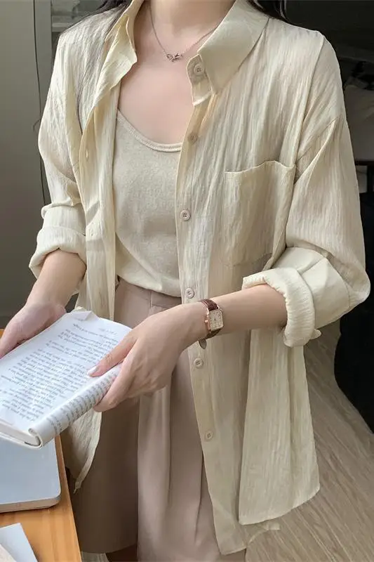 Women Thin Cotton Linen Cool Texture Long Sleeve Sunscreen Shirt Loose Casual Blouse Shirt Oversize Summer 2023