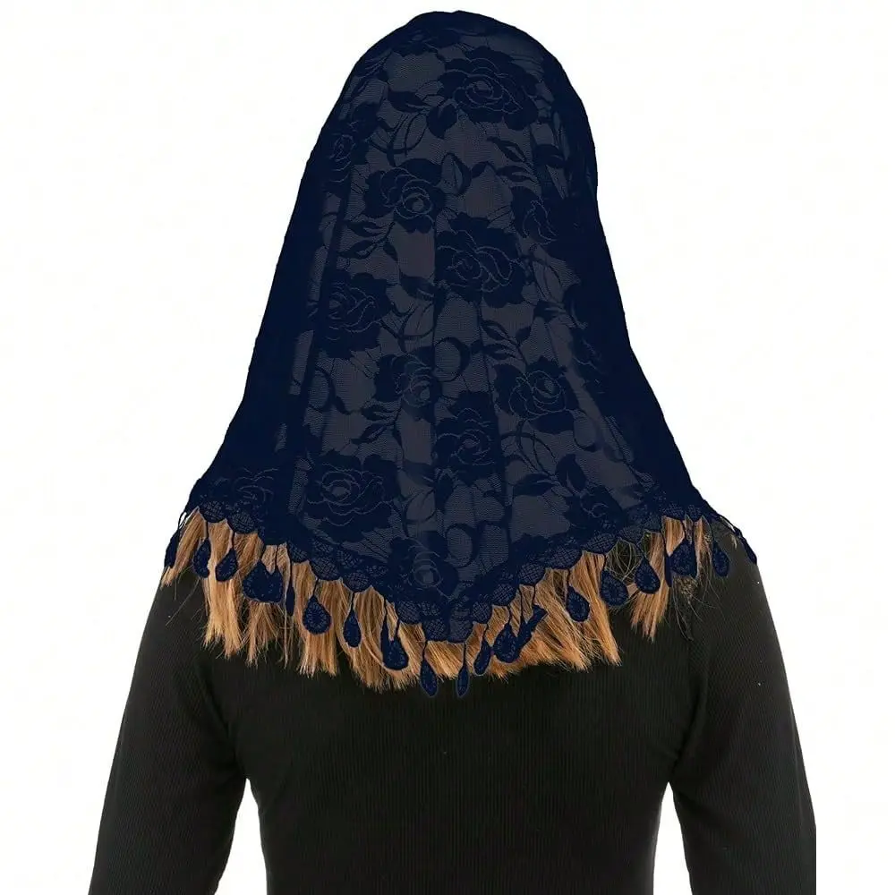

Mass Veil Triangle Mantilla Cathedral Head Covering Chapel Veil Lace Shawl Latin Scarf Colorname NavyBlue