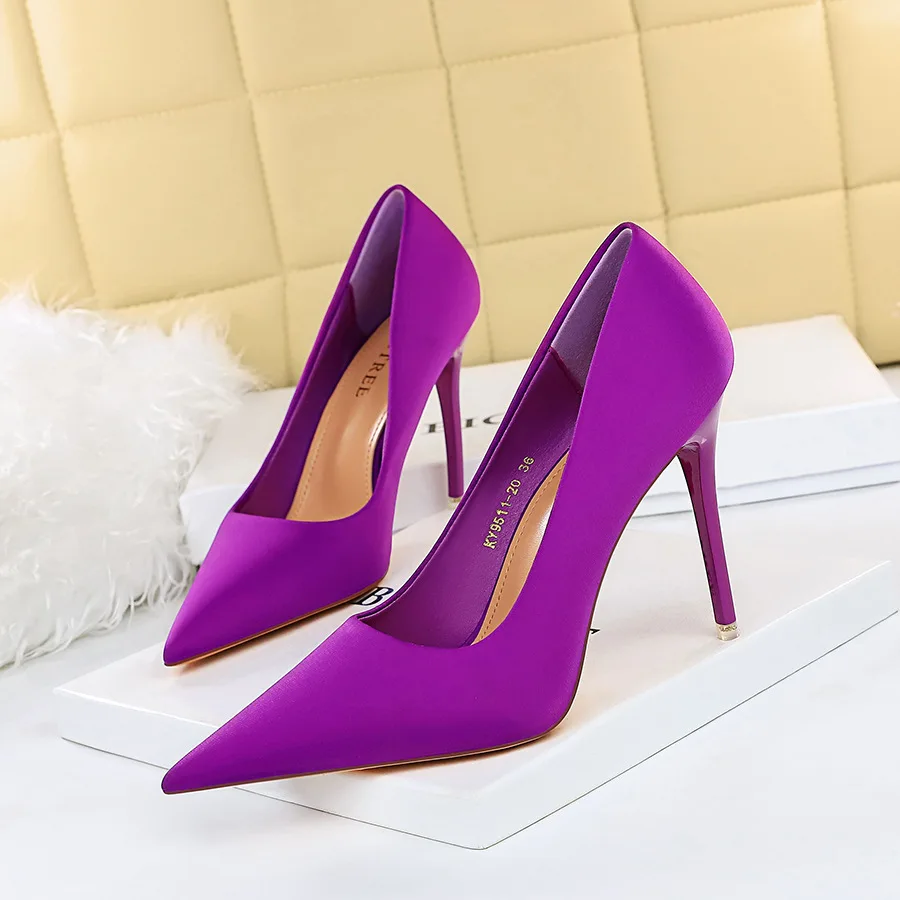 

Fashion Edition women pumps Elegant And Slim Thin Super High Heels Satin Shallow Mouth Pointed Toe ladies Single shoes