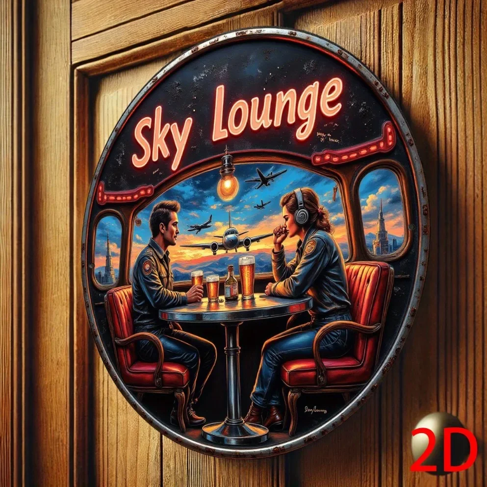 1PC Vintage Sky Leisure Metallschild -2D Retro Flugzeug & Sonnenuntergang Stadtbild Kunst, langlebige Wanddekoration für Café Luftfahrt Museum Thema