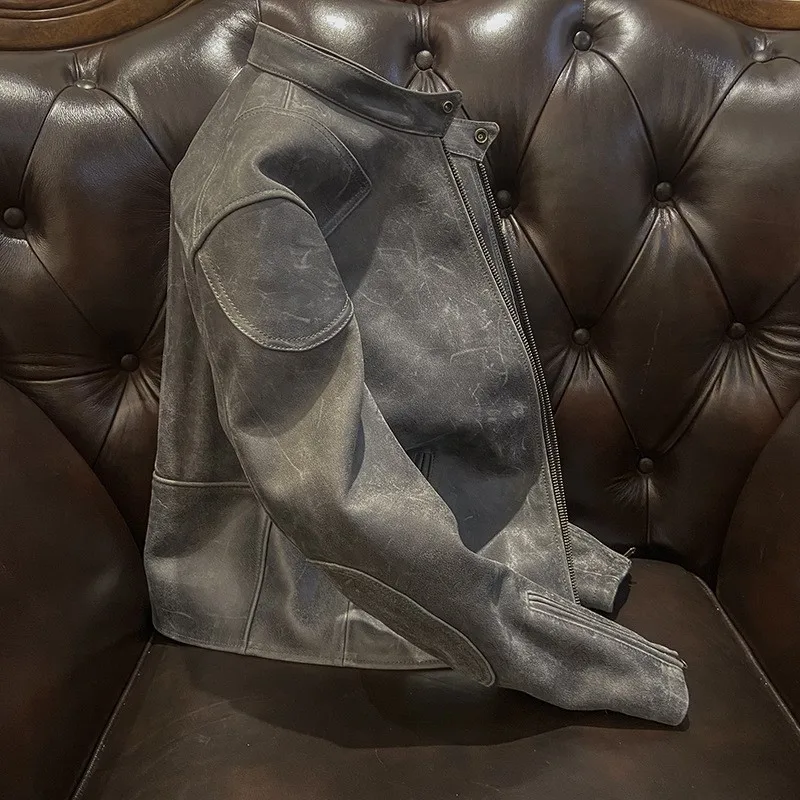 Men's stand-up collar multi-pocket leather vintage craftsmanship pure cowhide