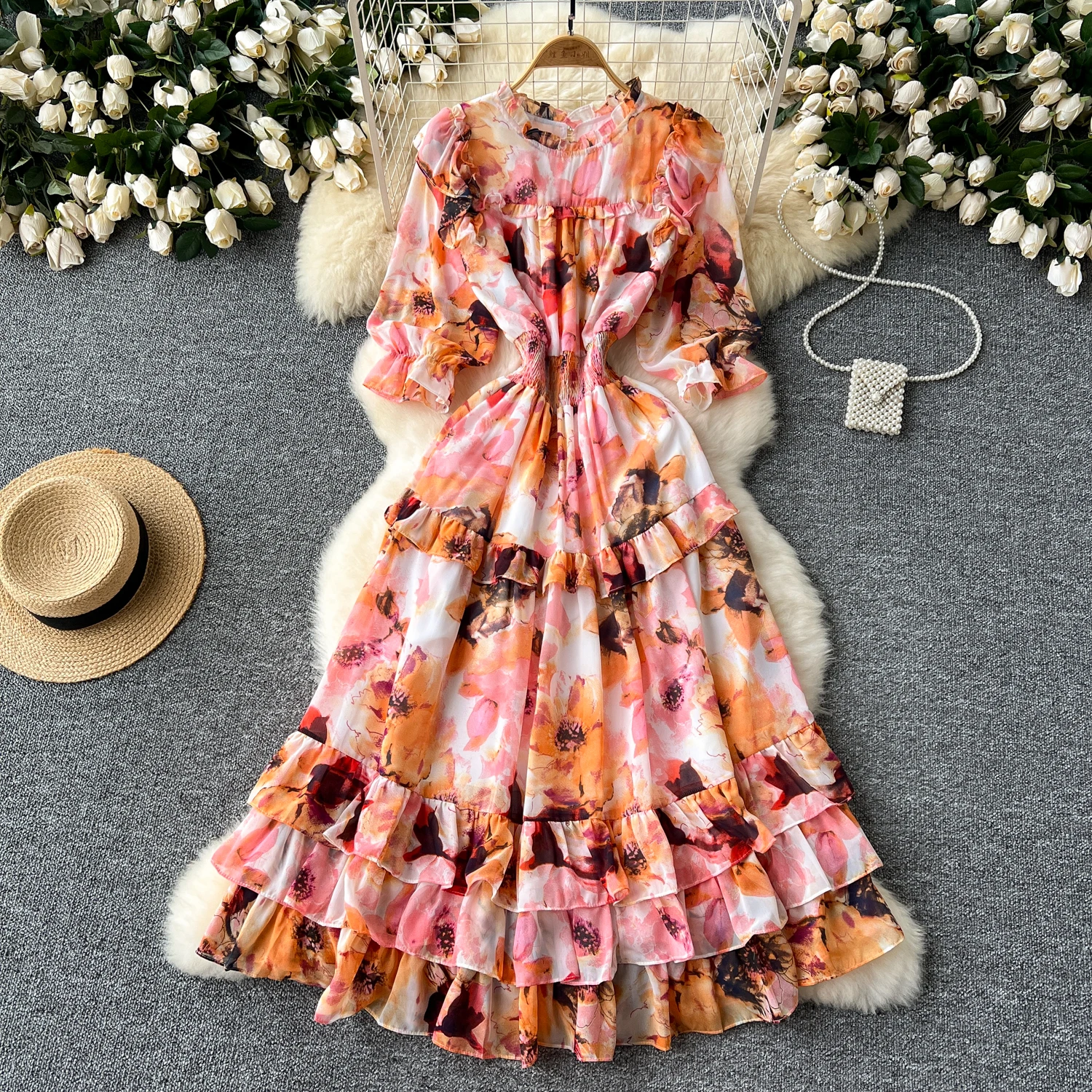 

Vintage Elegant Dress print Edible Tree Fungus ruffle Vacation Party Women Fashion Summer Spring sweet half sleeve dresses