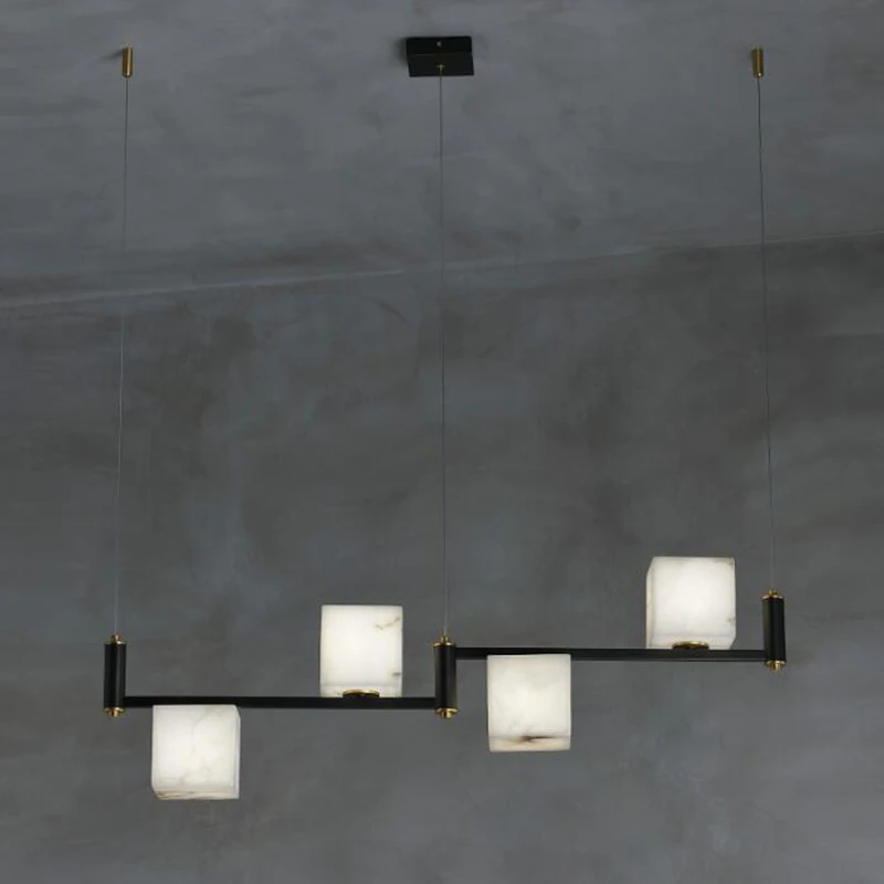 

REVEN Modern American Dimmable Luster Pendant Light with Marble Brass Rectangle Shape Rose Gold Body 3-Color Change for Living