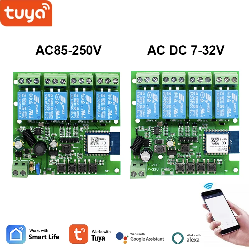 

Смарт-модуль Wi-Fi 4CH Tuya, 12 В, 24 В, 220 В, радиочастотный приемник, 4-канальный, 10 А, реле, контроллер вкл./выкл., таймер для Alexa