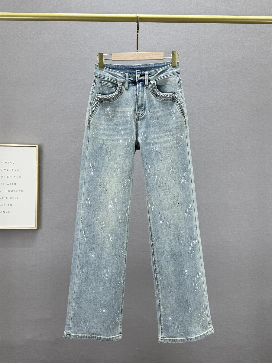 

Женские джинсы с высокой талией, прямые, с декором из страз, эластичные, облегающие, длинные, модные, из хлопкового стрейч-денима, весенняя новинка