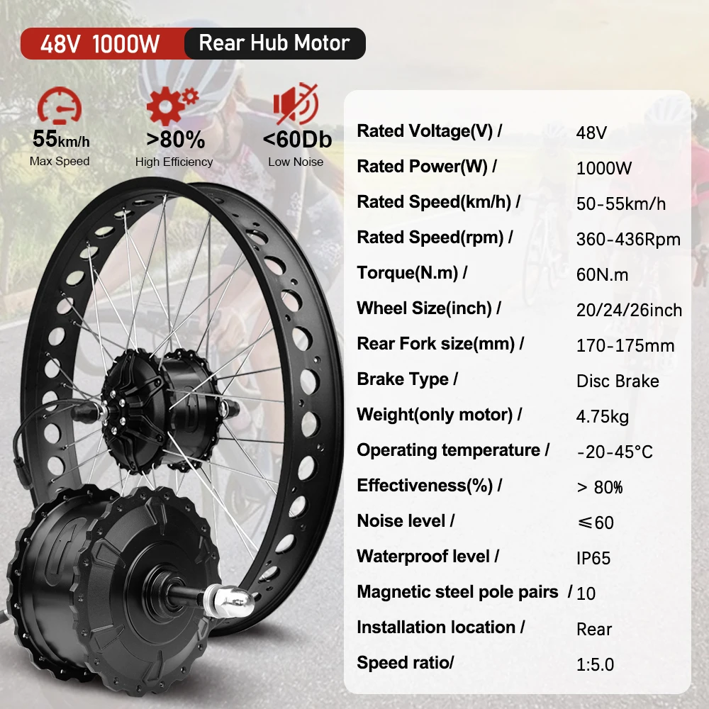 48V 1000W Electric Fat Bike Conversion Kit 4.0 Tyre Rear Brushless Hub Motor Wheel 20/24/26inch For Snow ebike Conversion Kit