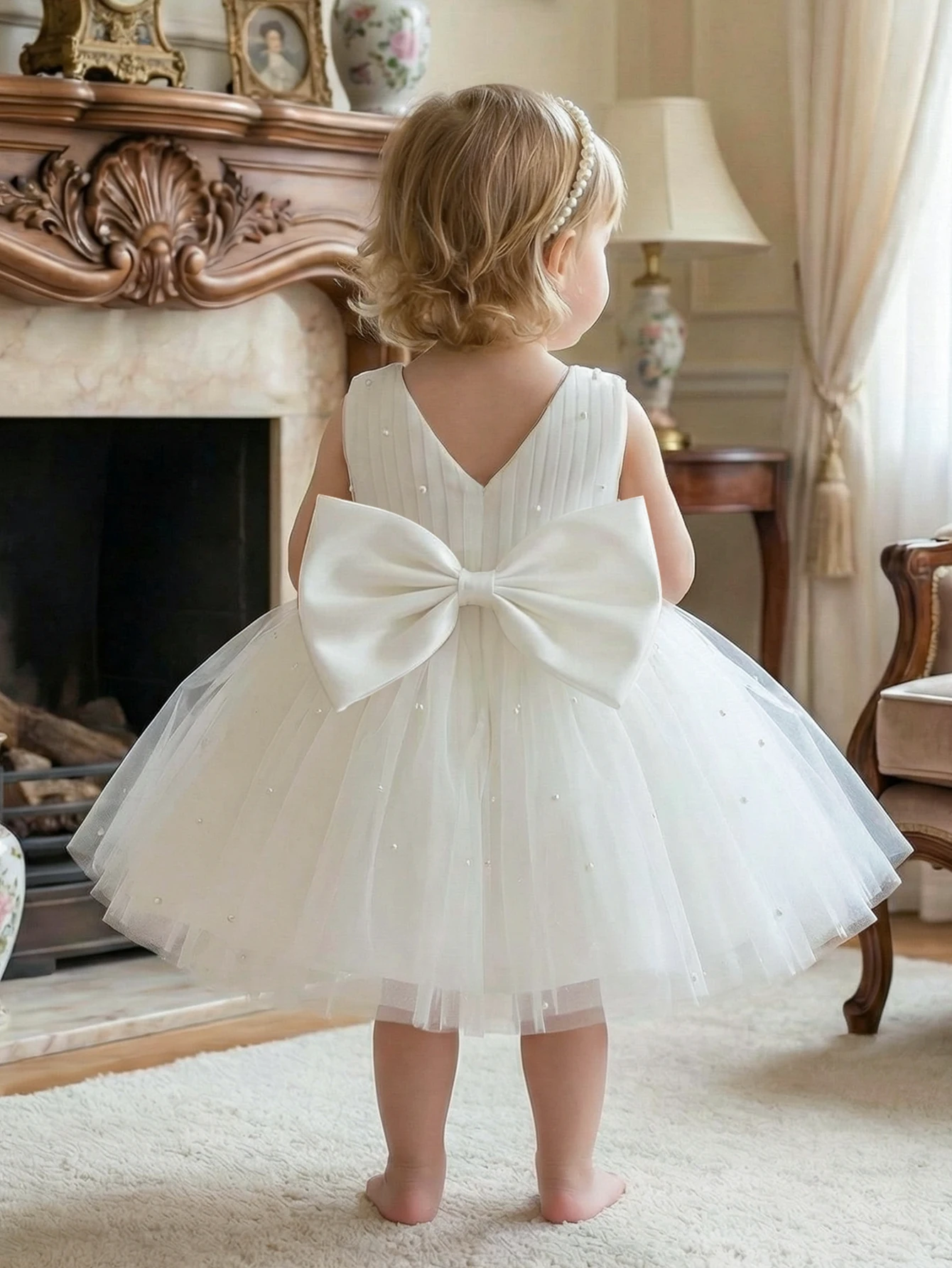 Baby Girls White Handmade Bead-Encrusted Bow Decorated Wedding Season Party Dress Net Silk Evening Gown Birthday Party Ball Even