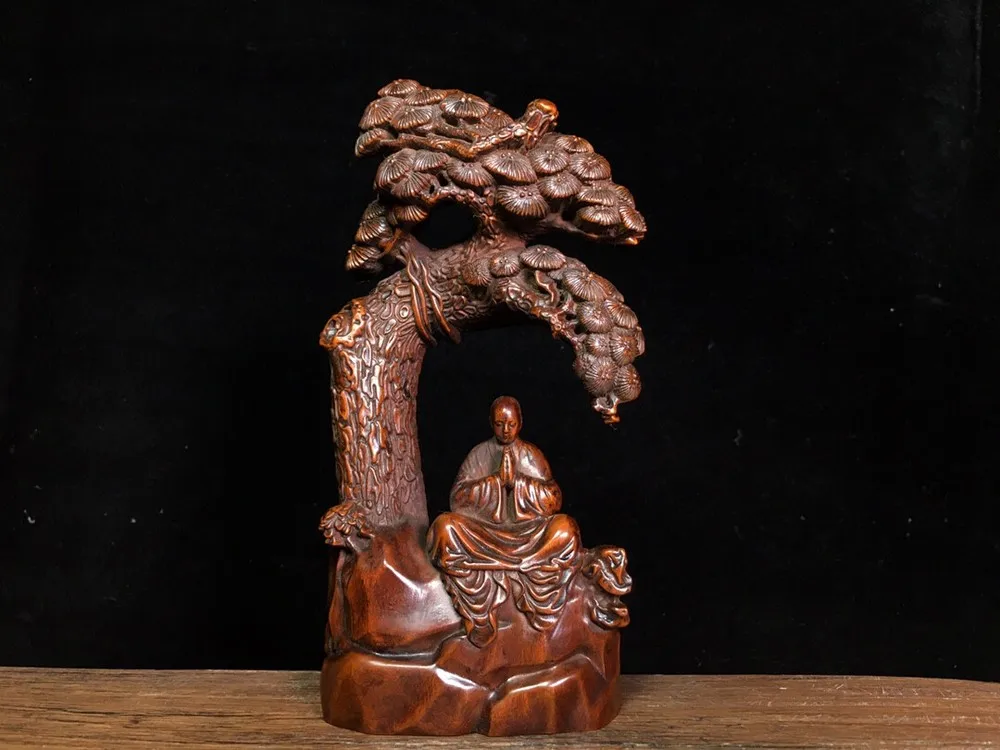Old Collectible Chinese Boxwood Carved monks under the pine tree Statue Enlightenment