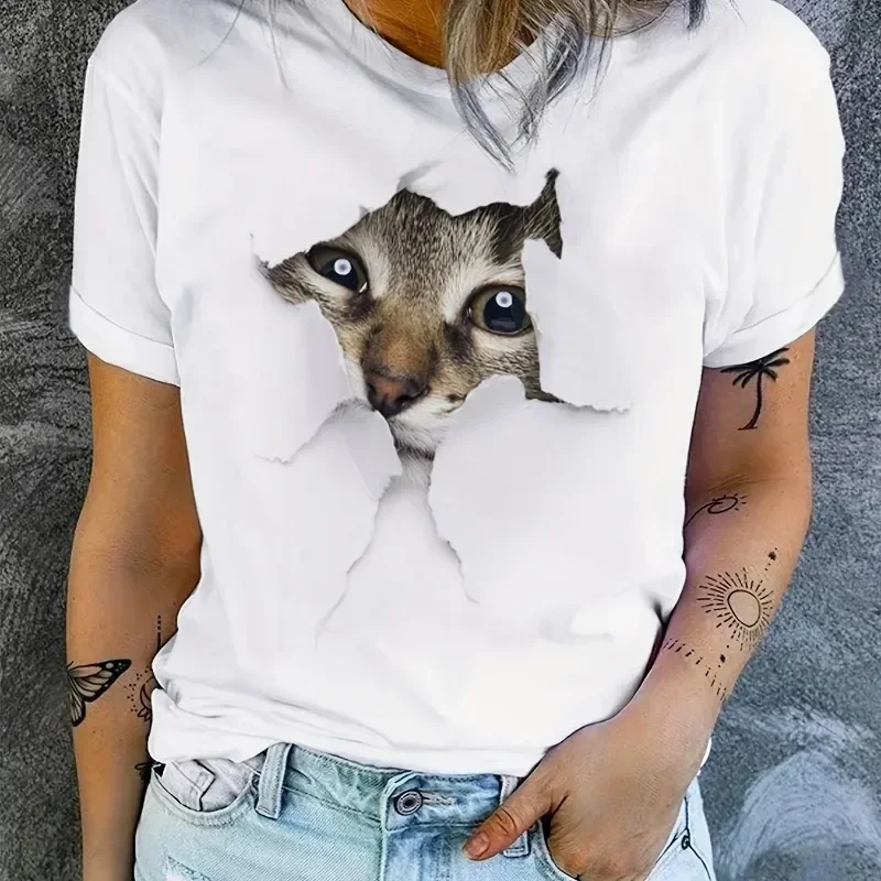 Cartoon Cat 2D T-shirt Short Sleeved Round Neck Casual Sports Top Summer Aesthetic Clothing Women\'s Clothing Pattern T-shirt