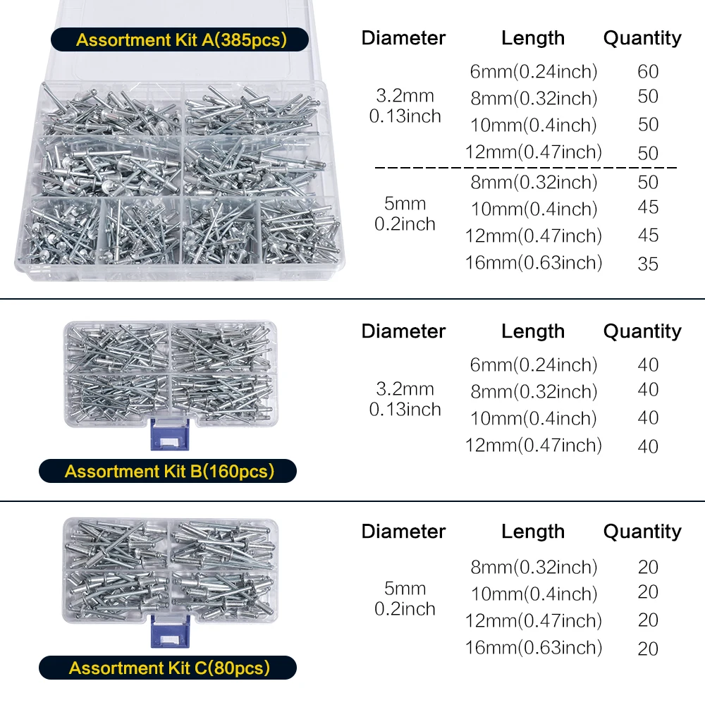 80/ 100/ 160/ 385pcs, Pop Rivets Assortment Kit, Aluminum Rivets Set in 8 Sizes, Blind Rivets for Metal with Organizer