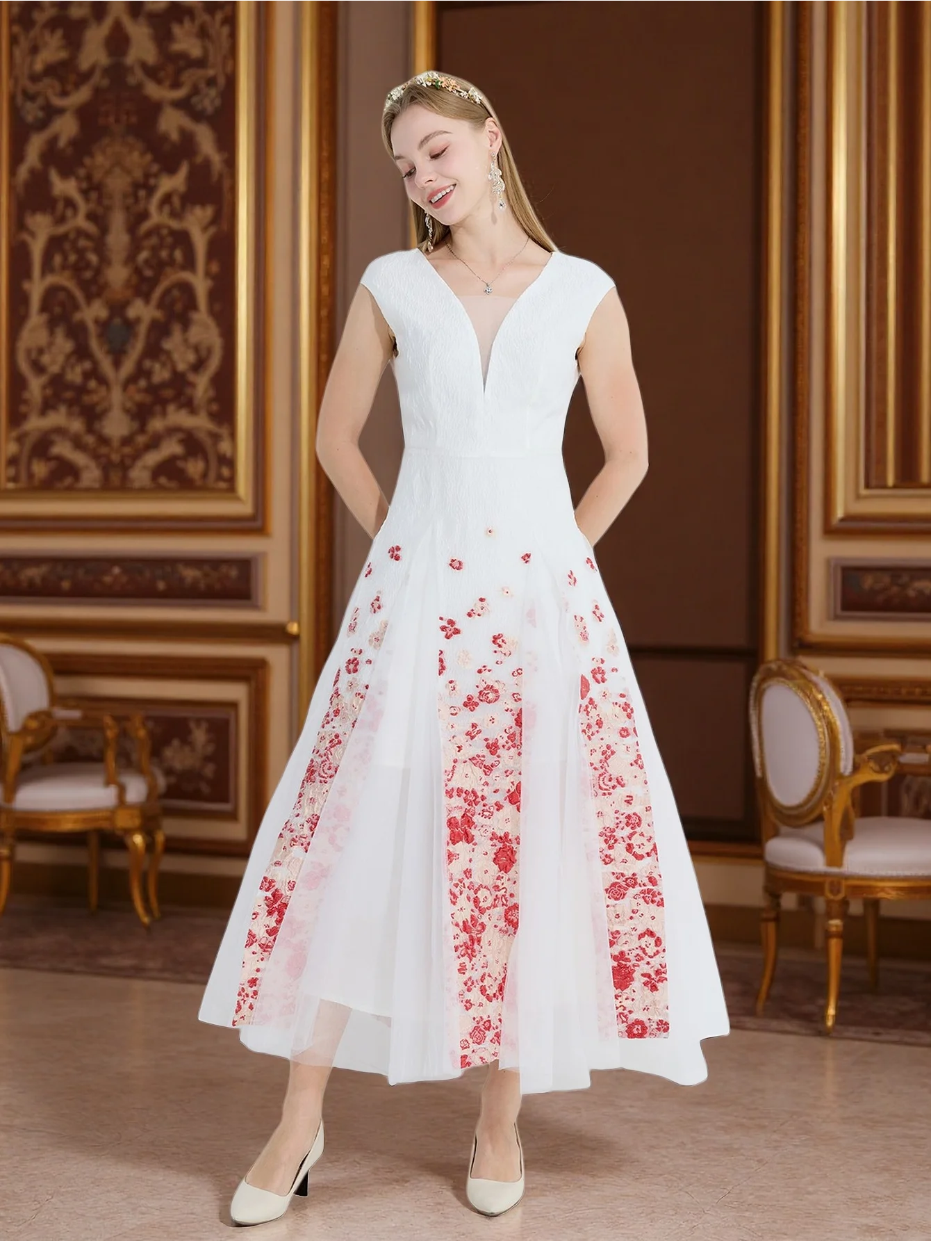 DEVCHATA Women V‑Neck Cap Sleeve Midi Evening Dress Mesh Spliced Floral Jacquard Elegant Wedding Guest Party Prom Dresses