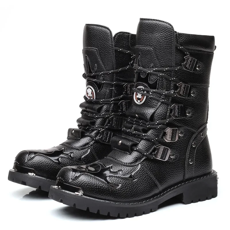 Botas de moto de invierno para hombre, zapatos Punk Rock Punk a media pantorrilla a la moda, de cuero PU, color negro, botas informales altas para hombre 38-46, 2022