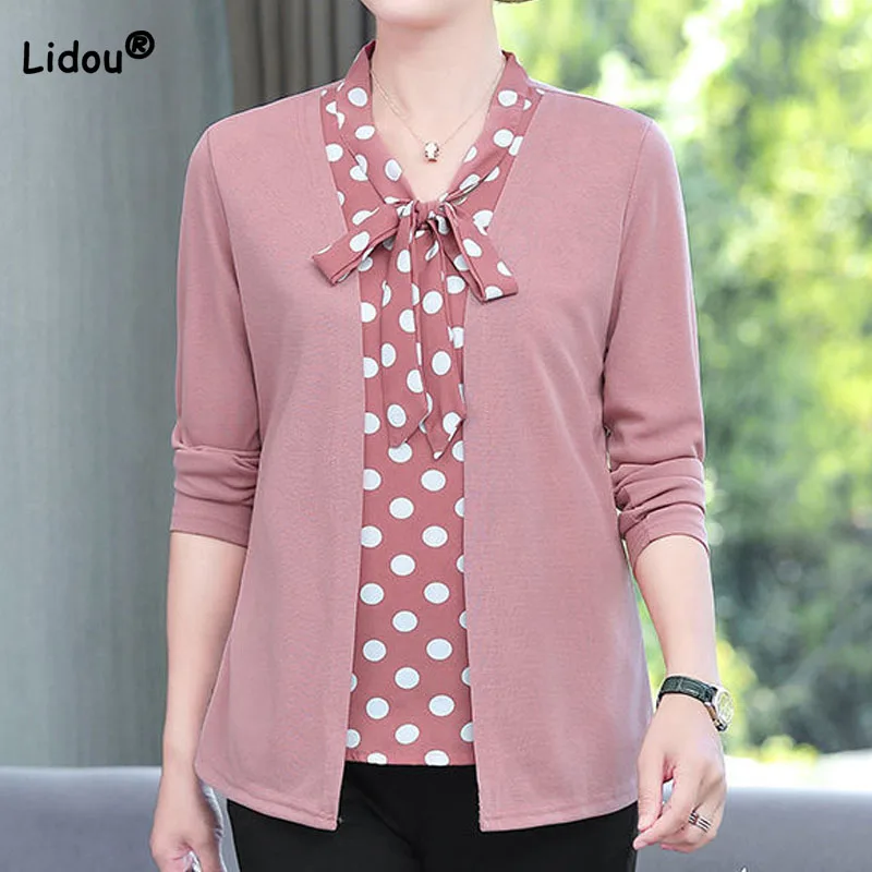 Fashion Polka Dot Print Fake Two Pieces T-shirt Women\'s Clothing Spring Autumn Long Sleeve Casual Scarf Collar Spliced Tops