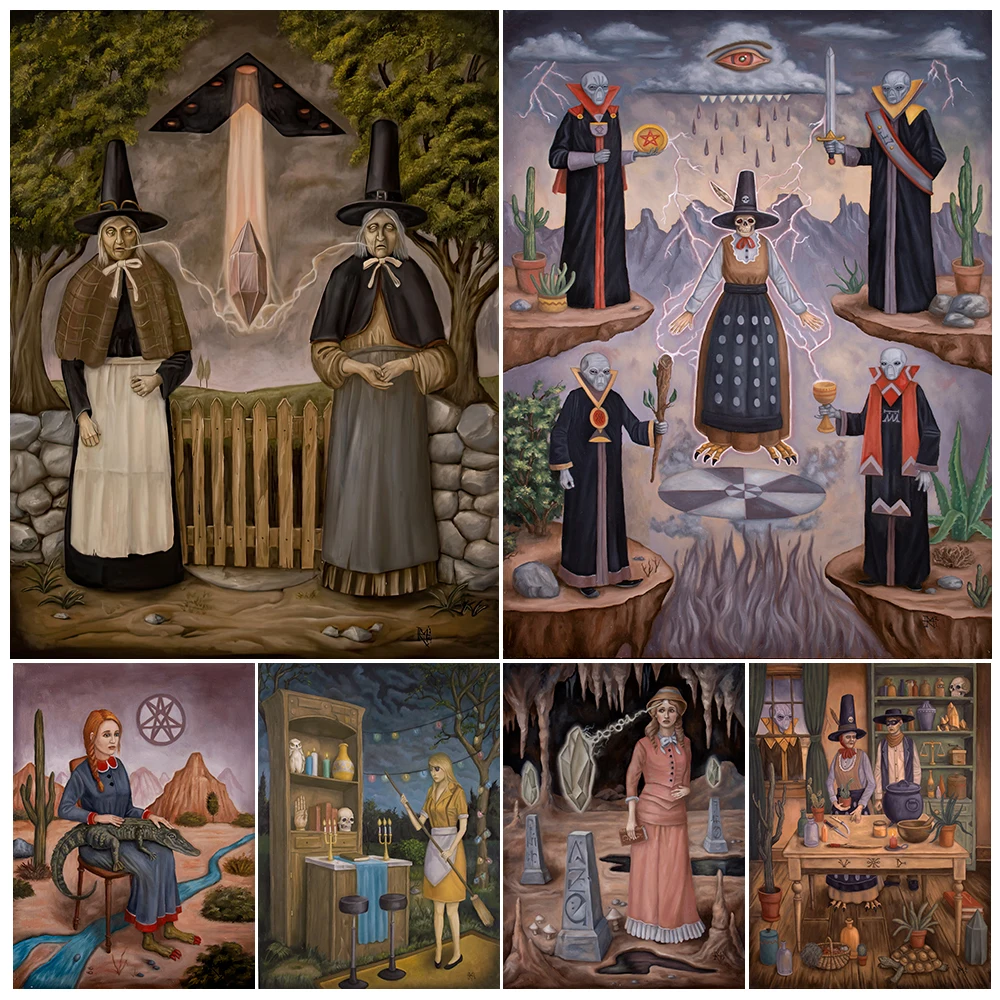 The Witchs Funeral And Alien Vintage Wall Art Canvas Painting Lizard Witch,Forest Witch,Wizardry Life Art Poster Print Decor