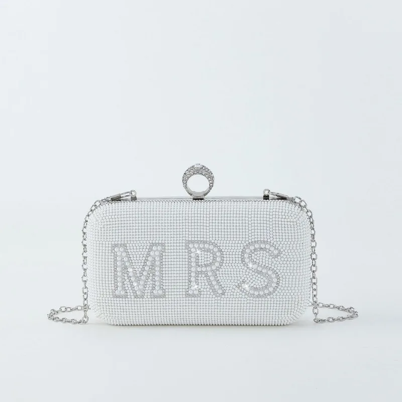 Bolso de mano con perlas y diamantes para mujer, cartera de mano con letras, anillo de lujo, elegante, de noche, con abalorios