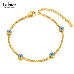 Lokaer Titanium Stainless Steel Chain Link Bracelet Vintage 18K Gold Plated Blue Turkish Eyes Charm Bracelet For Women B22037