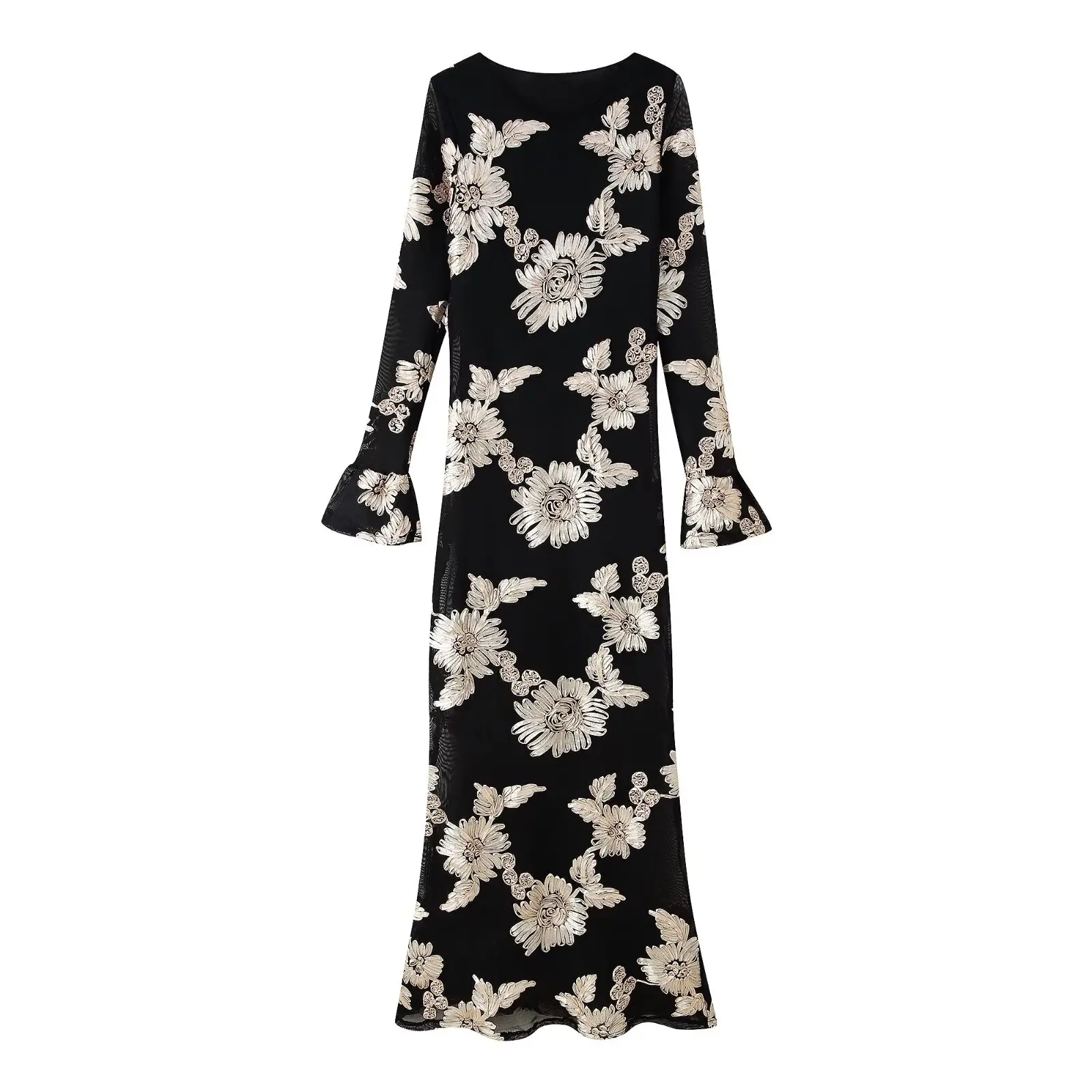 2025 Geborduurde Slanke Jurk Nieuwe Bloemen Mesh Jurk Elegante Feestjurken Voor Vrouwen O-hals Lange Mouw Vestidos Streetwear