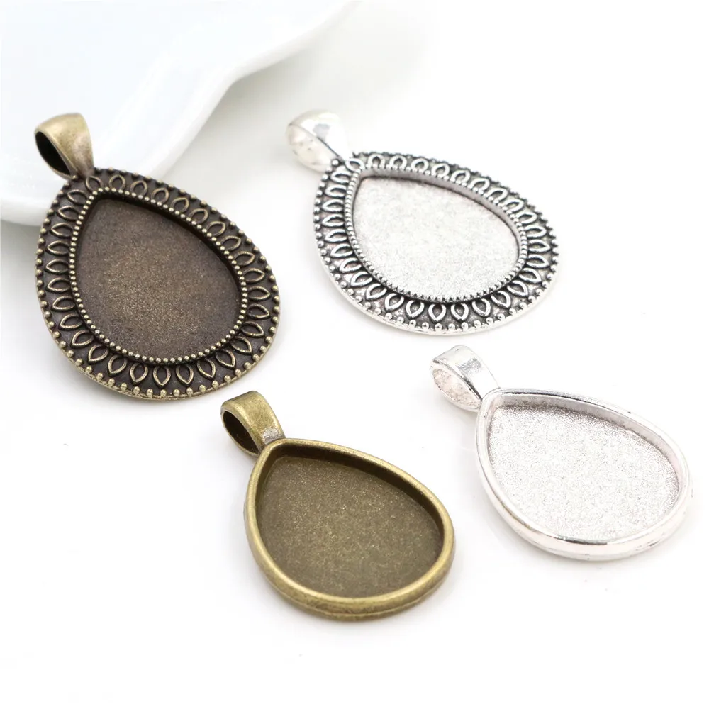 10pcs 18x25mm Inner Size Antique Bronze Silver Plated Drop Style Cameo Cabochon Base Setting Charms Pendant necklace findings