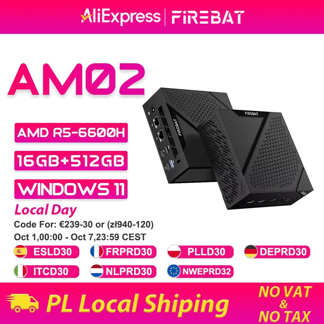 FIREBAT MINI PC AM02 AMD Ryzen 5 6600H 16GB LP DDR5 512GB SSD Windows 11 WIFI6 BT5.2 Computer desktop portatile Porta di rete HDMI