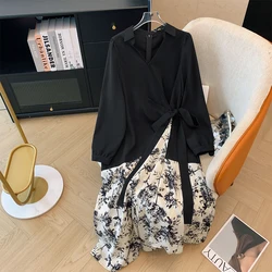 Plus-size women's spring and fall casual commuting loose comfortable long sleeve dress Black V-neck patchwork print long dress