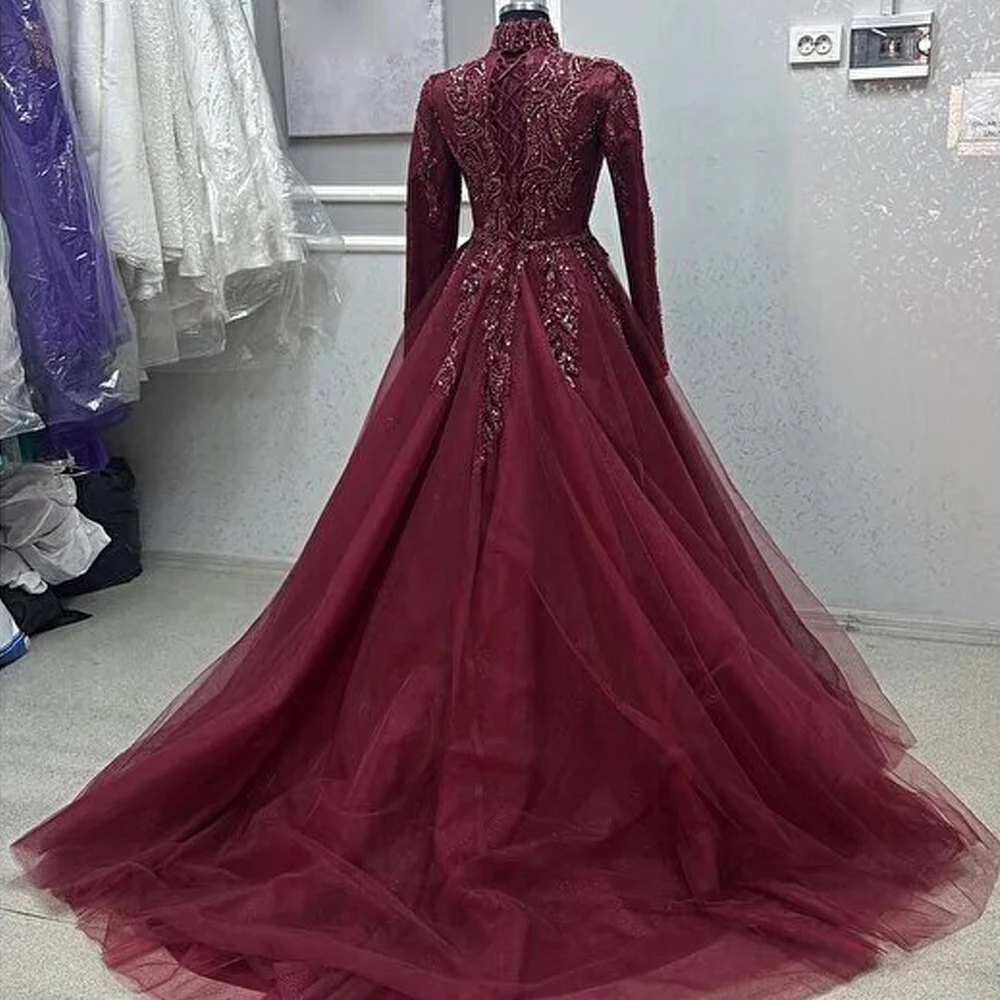 

Customized Wine Red Saudi Arabic Evening Dresses High Neck Long Sleeve Hijabi Formal Gown Lace Bead Jewish Wedding Party Gown