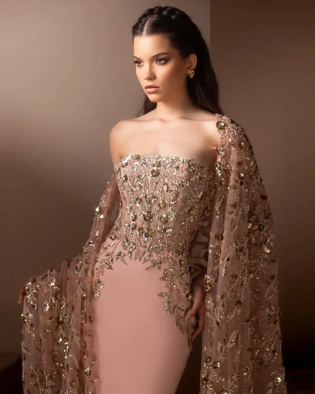 

Ofherown Luxury Pink Strapless Evening Dress Handmade Gold Sequin Beaded Tulle Cape Mermaid Prom Gowns for Red Carpet Gala Party