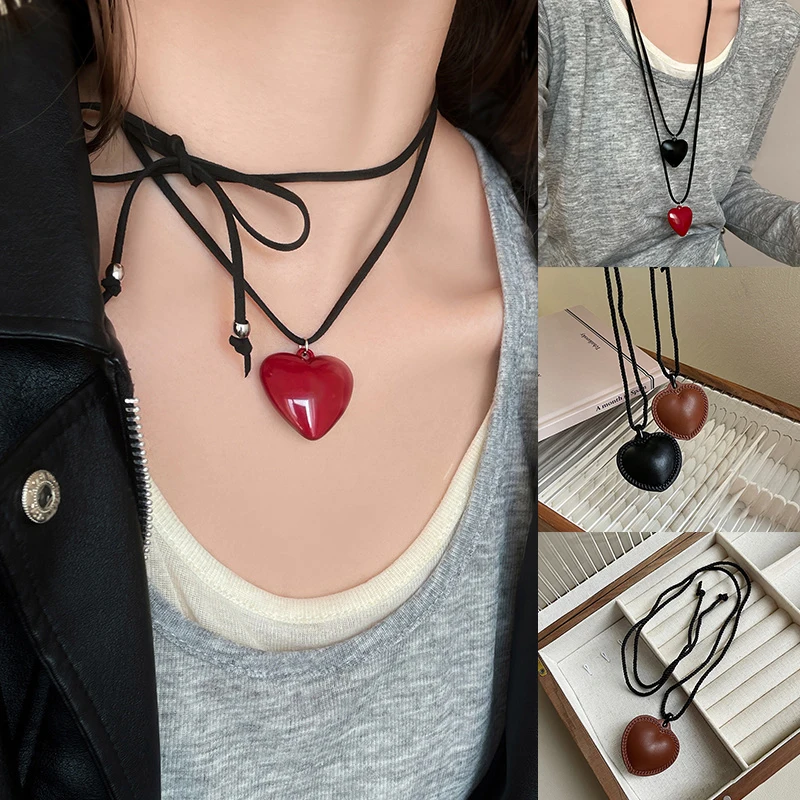 Vintage Black Red Leather Heart Pendant Necklace For Women Creative Black Rope Adjustable Necklace Party Jewelry Accessories