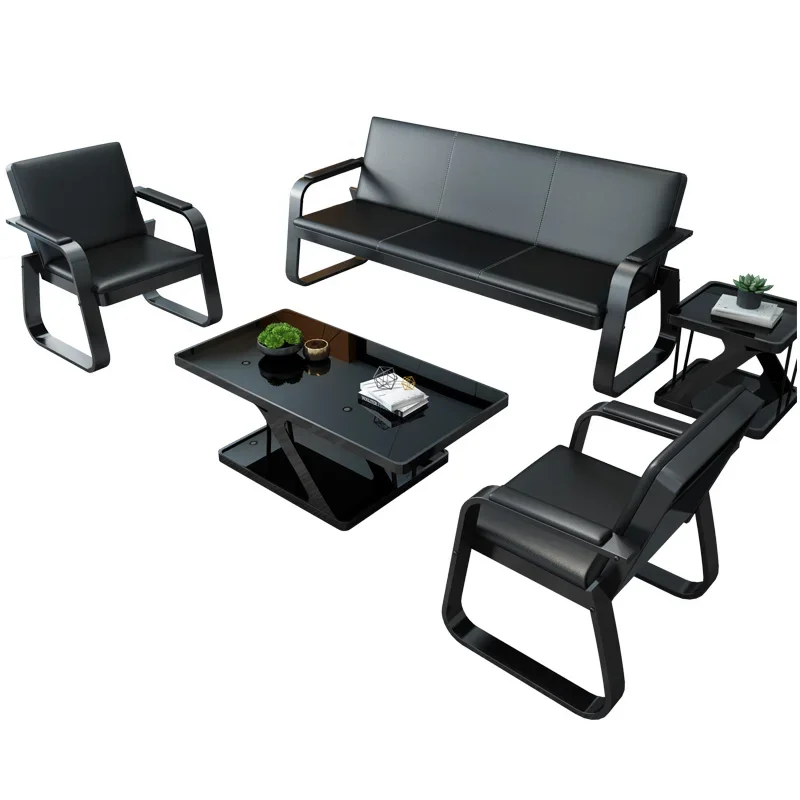 Business office sofa: simple modern iron art three person sofa; reception office sofa; tea table table combination