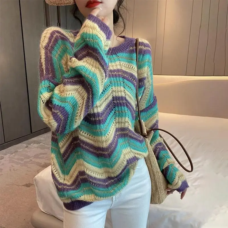 French Style Chic Spring Women\'s O-Neck Striped Hollow Out Fashion Versatile Loose Long Sleeve Sweaters Pullovers Knitted Tops