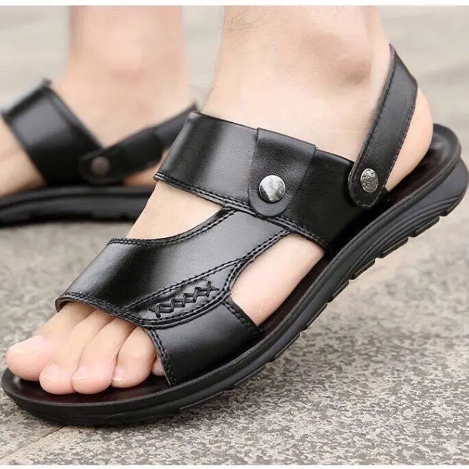 2023 Leather Sandals Men Beach Shoes Casual Holiday Shoes Thick-soled Comfortable Breathable Non-slip Slippers