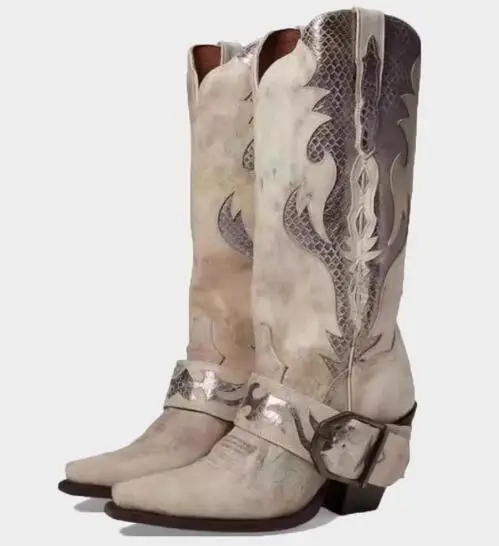 Retro donna grigio vera pelle fibbia per cintura tacchi quadrati tubo Slip On stivali alti al ginocchio femminile Cowboy lungo Botas scarpe taglia 40