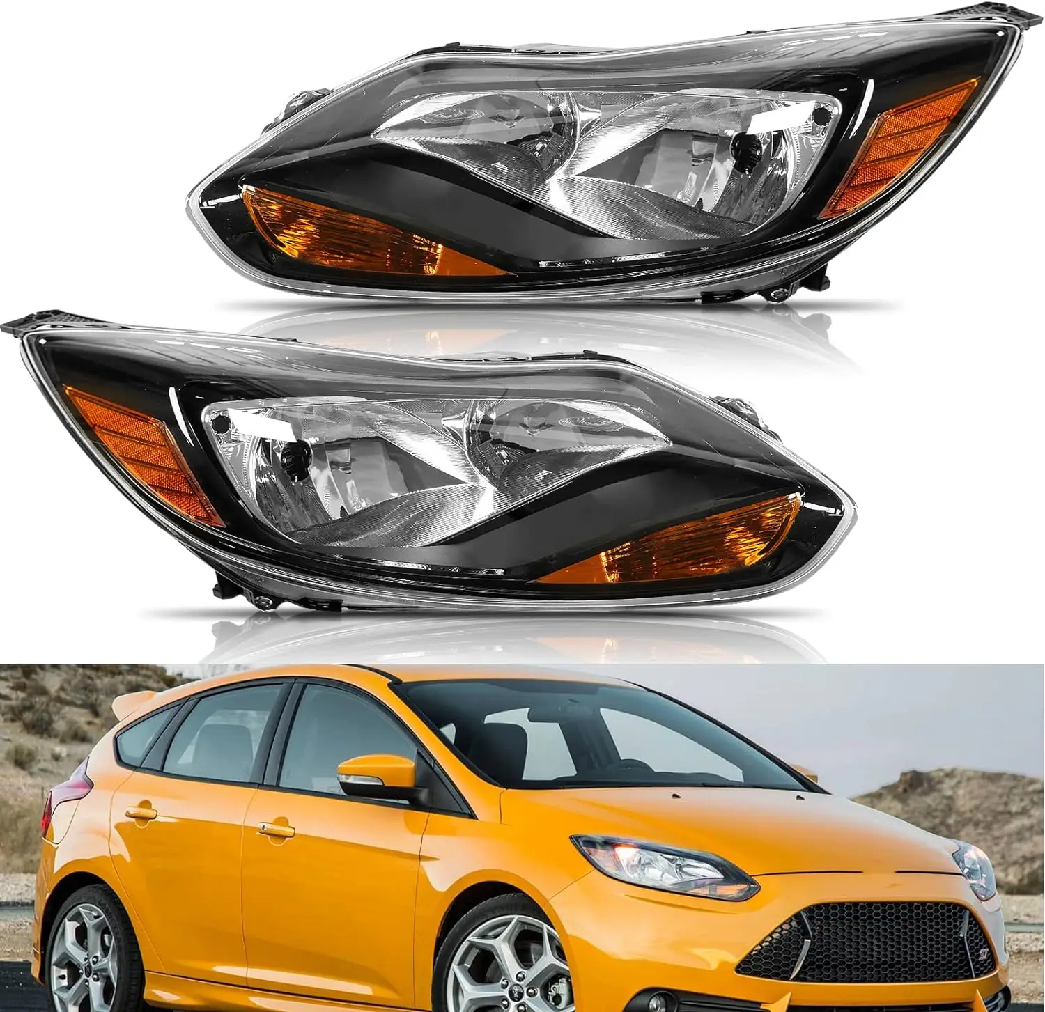 

Sulinso for HL-OH-FF12-BK-AM Black Amber Headlights Replacement For 12-14 Focus