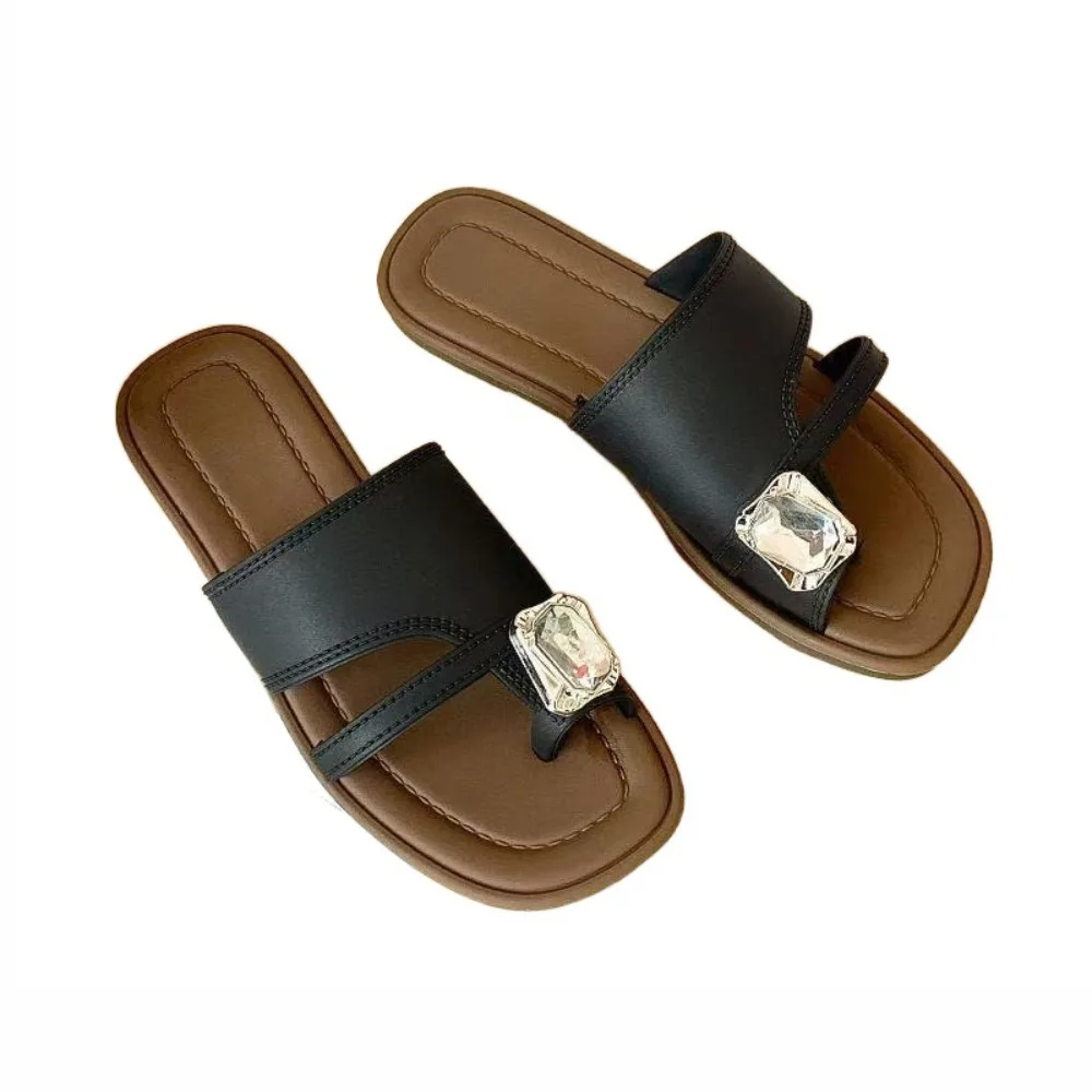 

Fashion PVC Rhinestone Toed Slippers PU Leather Non-Slip Toe Ring Flip-flops Beachwear Shoes Summer Slides Sandals Girls