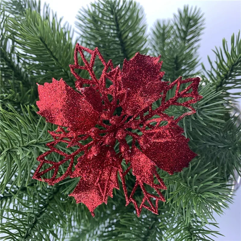 9cm Christmas Flowers Glitter Artificial Flower Xmas Tree Hanging Ornaments DIY Home Wedding New Year Party Decoration Gifts